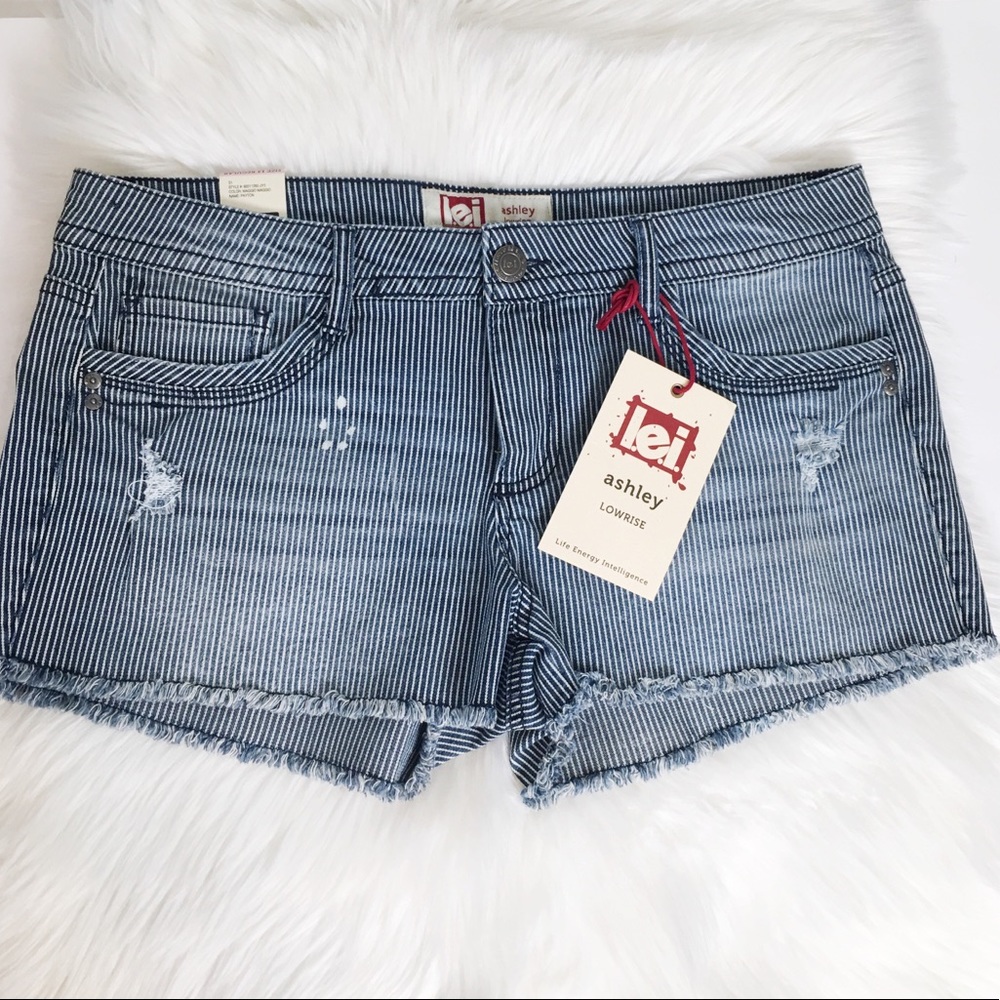 Blue Pinstriped Distressed Denim Jean Shorts